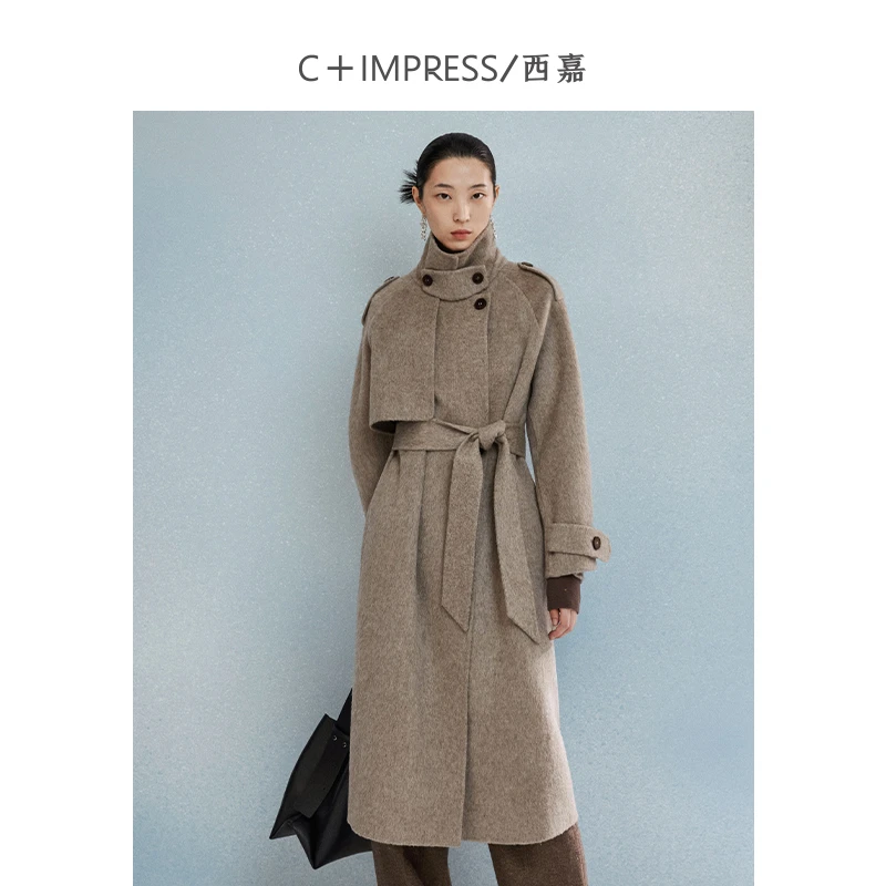 C+IMPRESS/西嘉长毛高支阿尔巴卡长款高级双面呢羊毛大衣中长款女