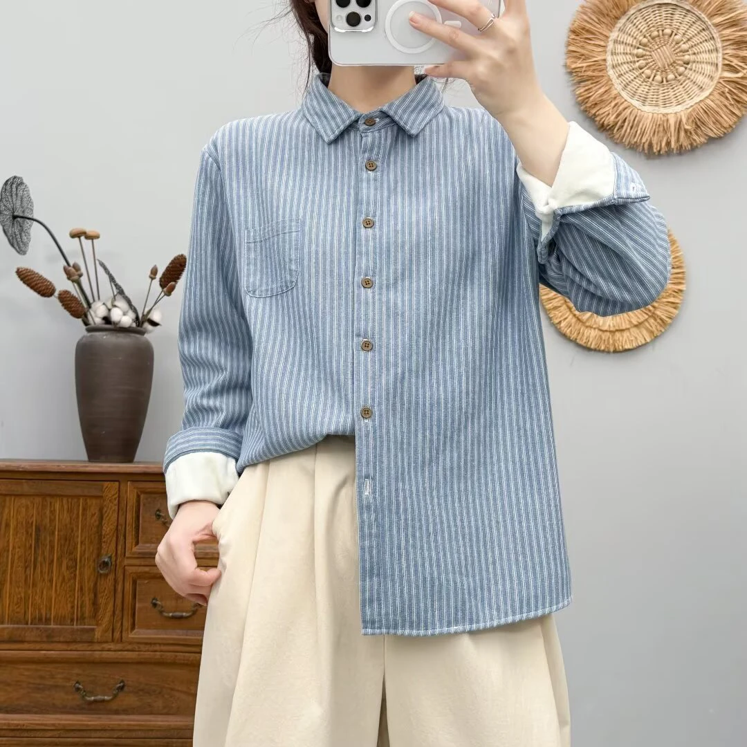 冬季加绒加厚复古条纹长袖衬衫女百搭显瘦文艺上衣