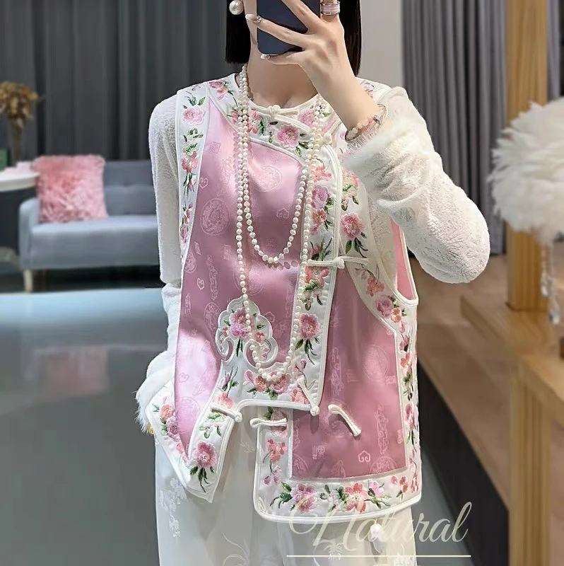 2024秋季新款 中式国色牡丹刺绣重磅醋酸提花百搭国潮小马甲