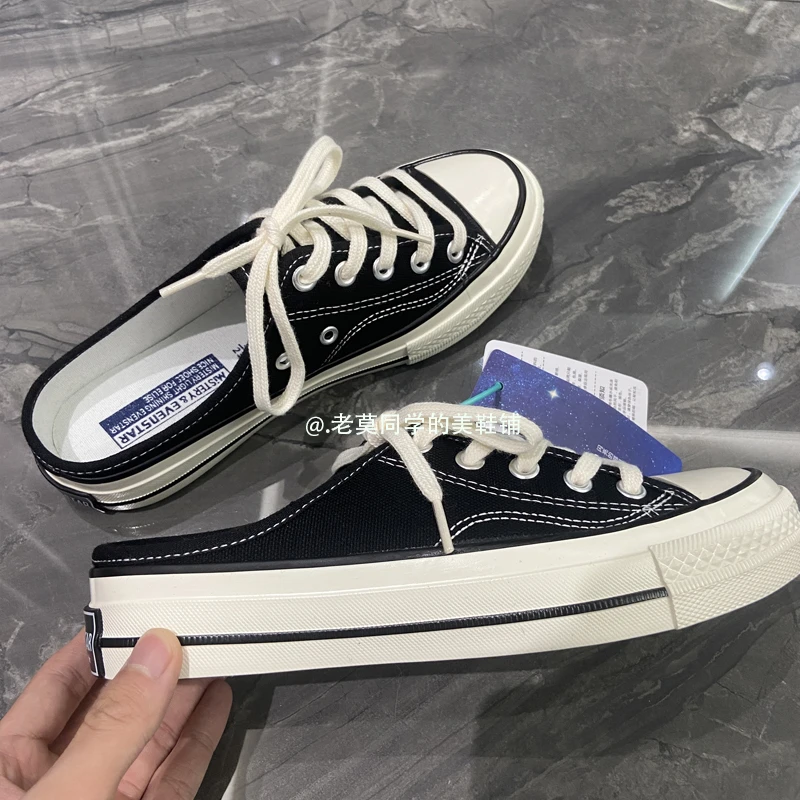 秋冬网红半拖帆布鞋女鞋2023新款夏款懒人一脚蹬饼干板鞋脚踩布鞋