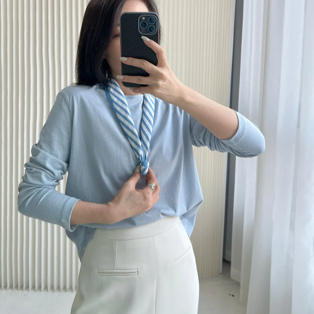 【清仓】新款莫兰迪色打底上衣长袖T恤百搭气质圆领纯色简约风t恤