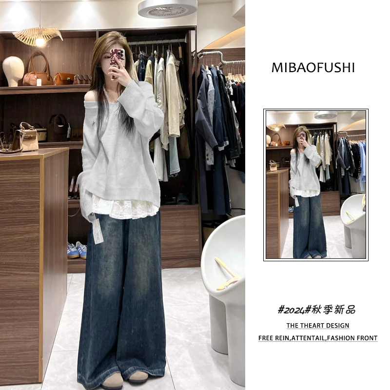 【现货】秋季穿搭一整韩版2025新款蕾丝吊带针织毛衣牛仔裤三件套