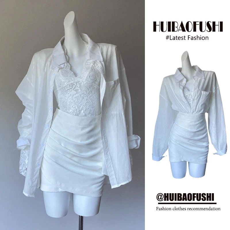 2025年秋季新款穿搭一整套韩系套装女蕾丝上衣薄款衬衫短裙三件套