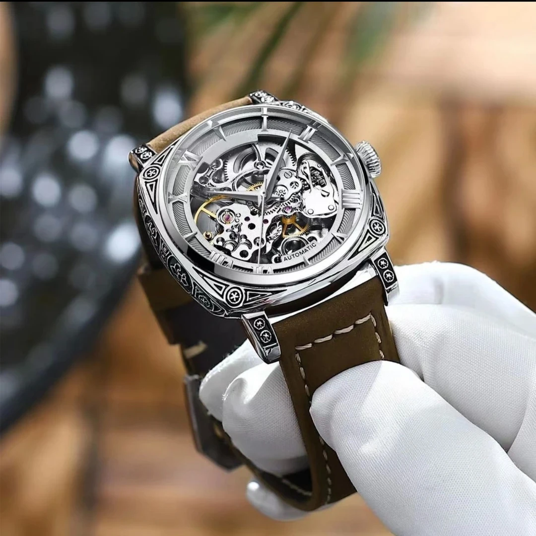 KUERST/酷尔时顿复古雕花带夜光时尚机械机芯防水潮流男士手表