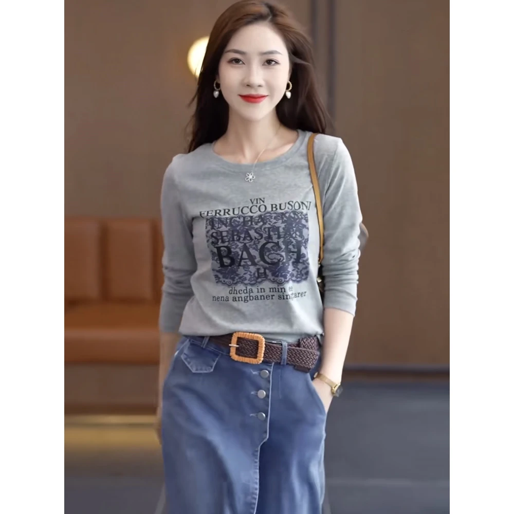 T恤女士长袖2024春夏季新款时尚气质洋气修身百搭显瘦春秋上衣