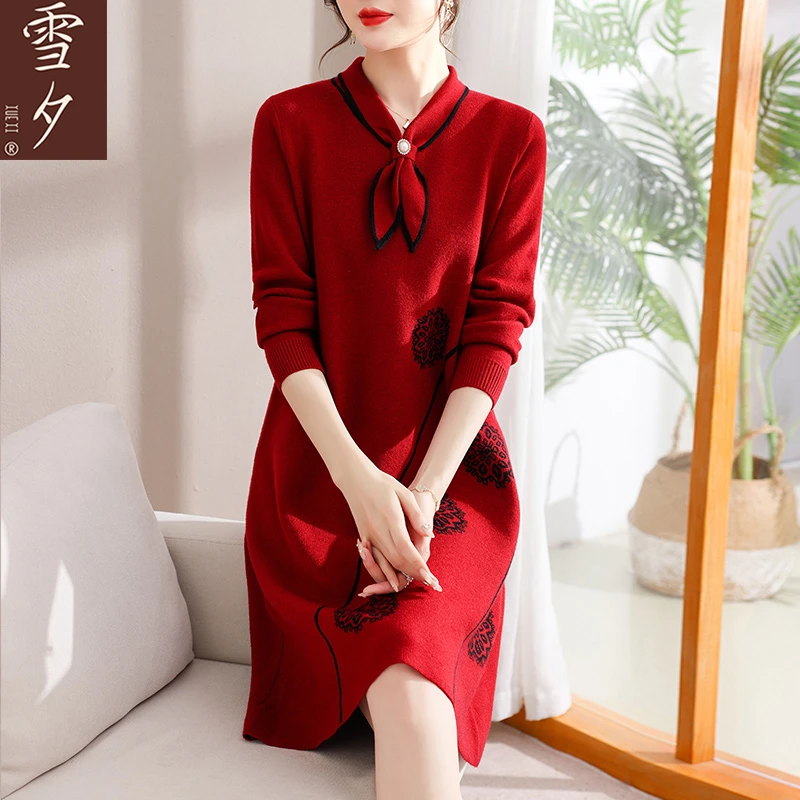 秋冬装新款喜婆婆婚宴礼服中老年妈妈洋气质红色连衣裙子本命年女