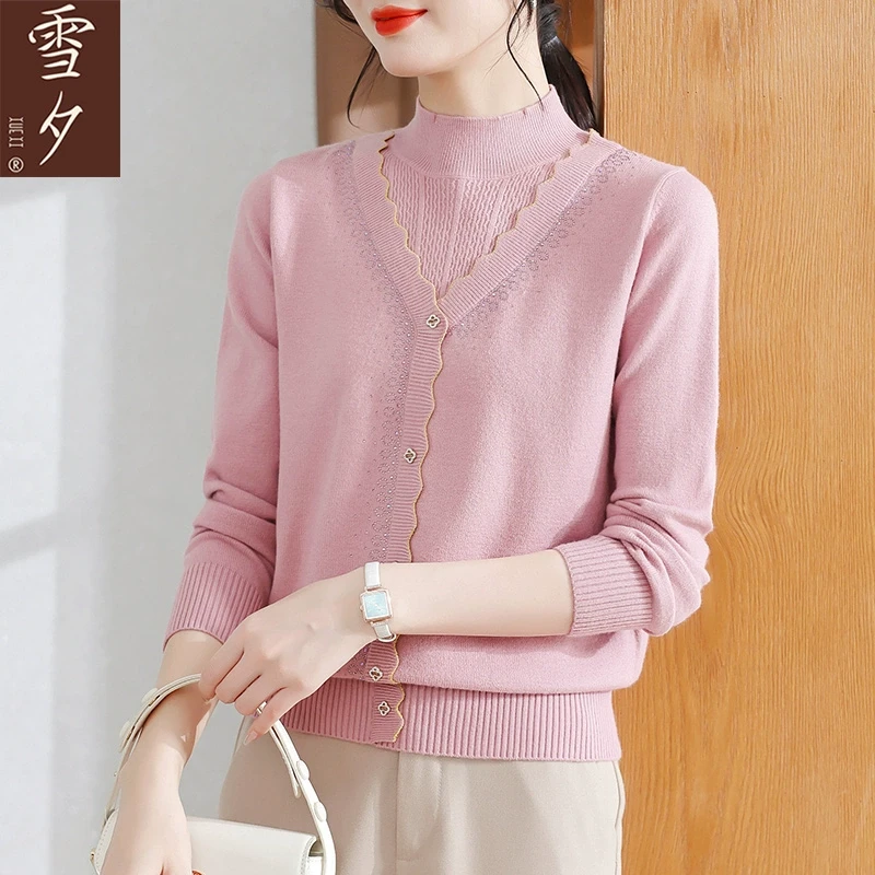 妈妈秋冬洋气半高领打底衫2024新款中老年女装假两件秋冬加绒毛衣