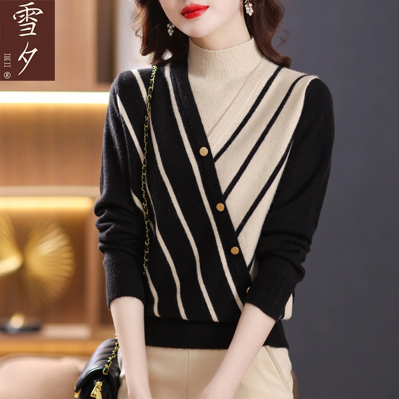 妈妈装秋冬黑色条纹打底衫中老年女装洋气内搭毛衣加厚爆款针织衫