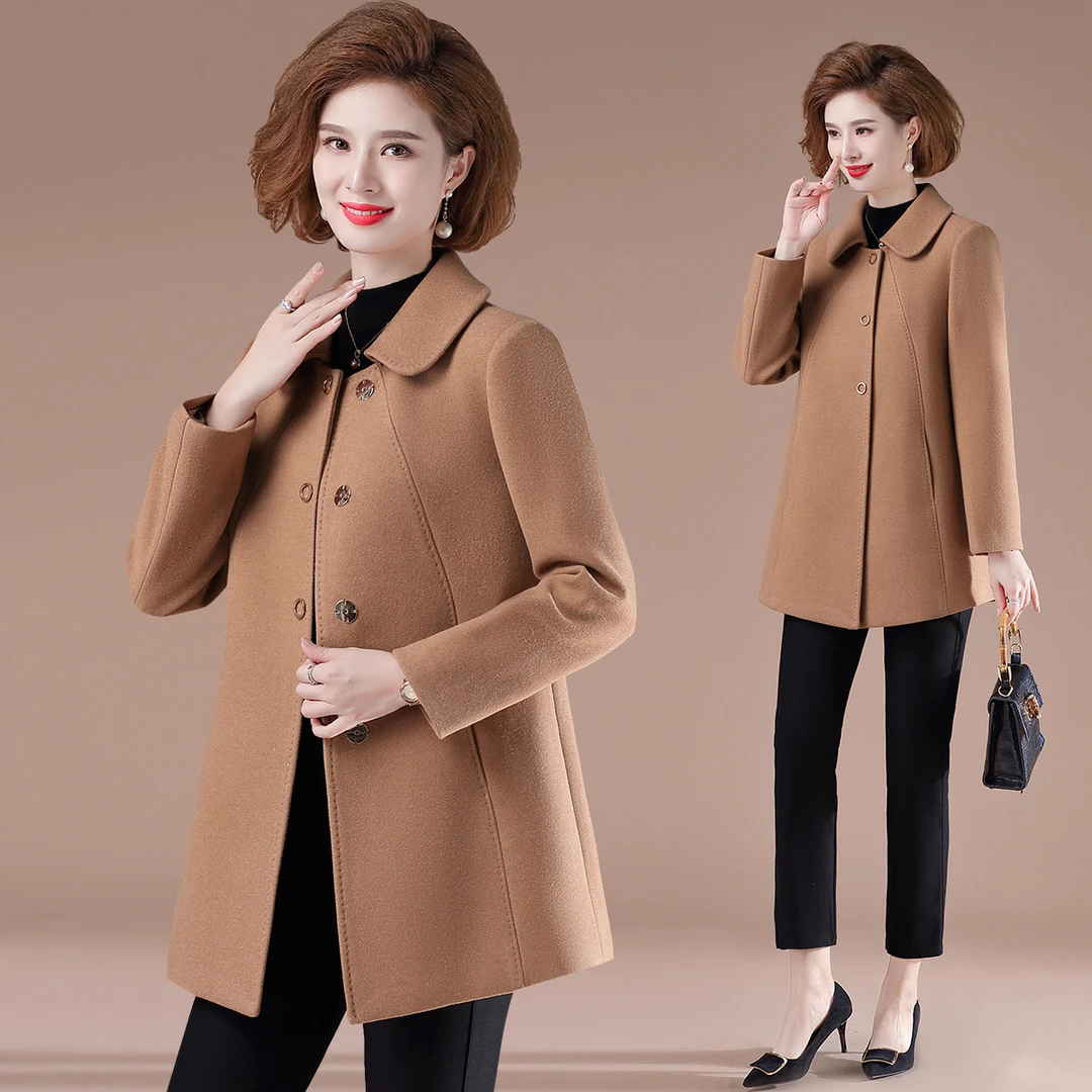 中年妈妈春秋装高贵毛呢外套四五十岁中老年女中长款秋冬保暖呢子