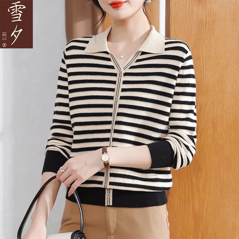 【雪夕】妈妈秋装时尚翻领条纹打底衫中老年女装洋气早秋薄款毛衣
