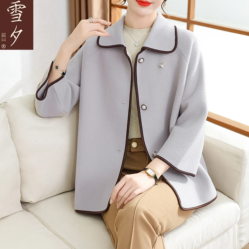 【雪夕】妈妈装水貂绒气质外套中老年女装洋气翻领毛呢上衣