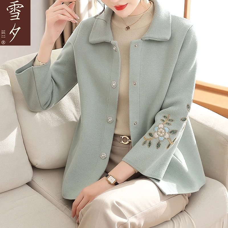 妈妈秋装毛呢外套短款刺绣上衣中老年女装时尚大码呢子外衣春秋50