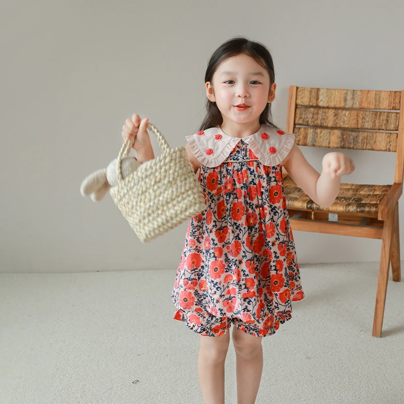 utouto大耳象女童绣花翻领碎花小衫套装2024夏季新款女孩2303814