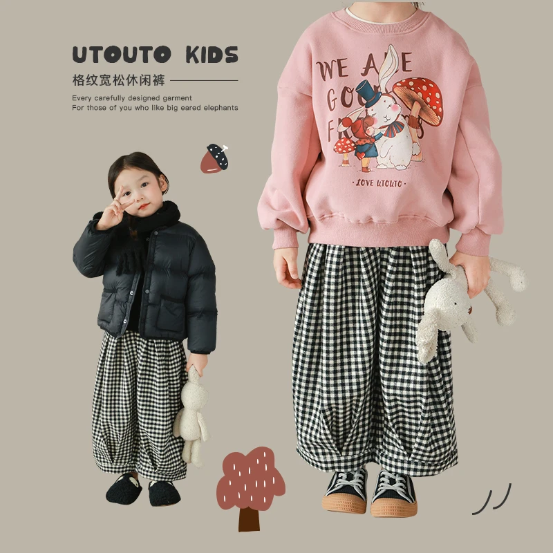 utouto大耳象女童格纹宽松休闲裤2023冬季新款2307793
