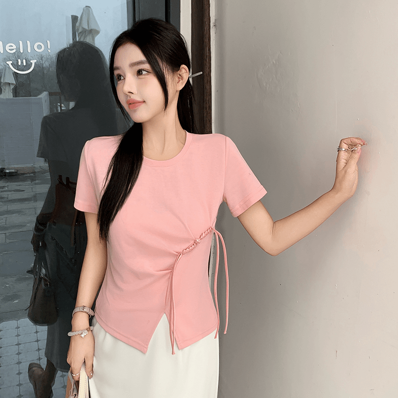 白色不规则正肩短袖T恤女夏季修身显瘦体恤纯欲短款抽绳上衣时尚1