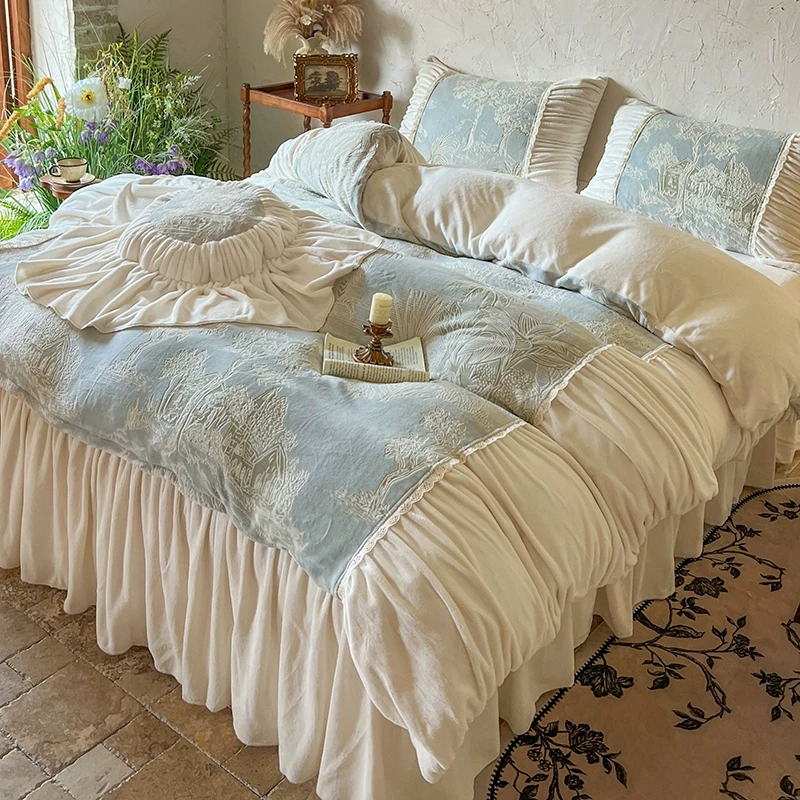 冬季法式雕花加厚牛奶绒四件套公主风珊瑚绒双面绒加绒被套床裙款