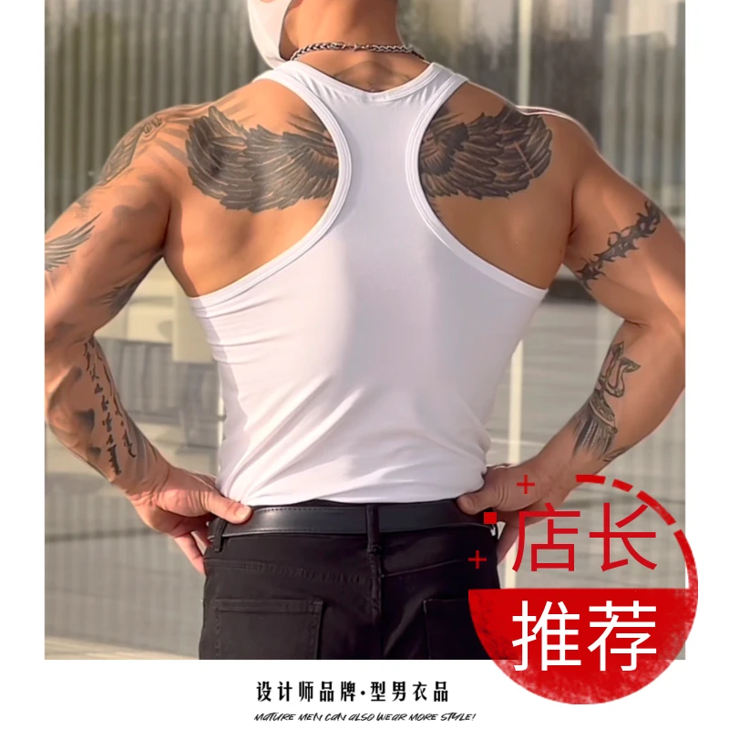 运动炸裂士硬汉纯色修身无袖健身背心弹力打底衫风透气工字背心男