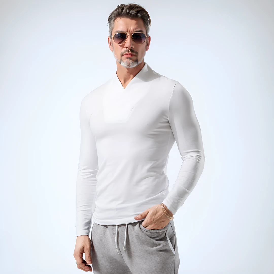 新国风紧身修身打底衫长袖潮流纯色运动型男吸汗潮V领T恤健身上衣