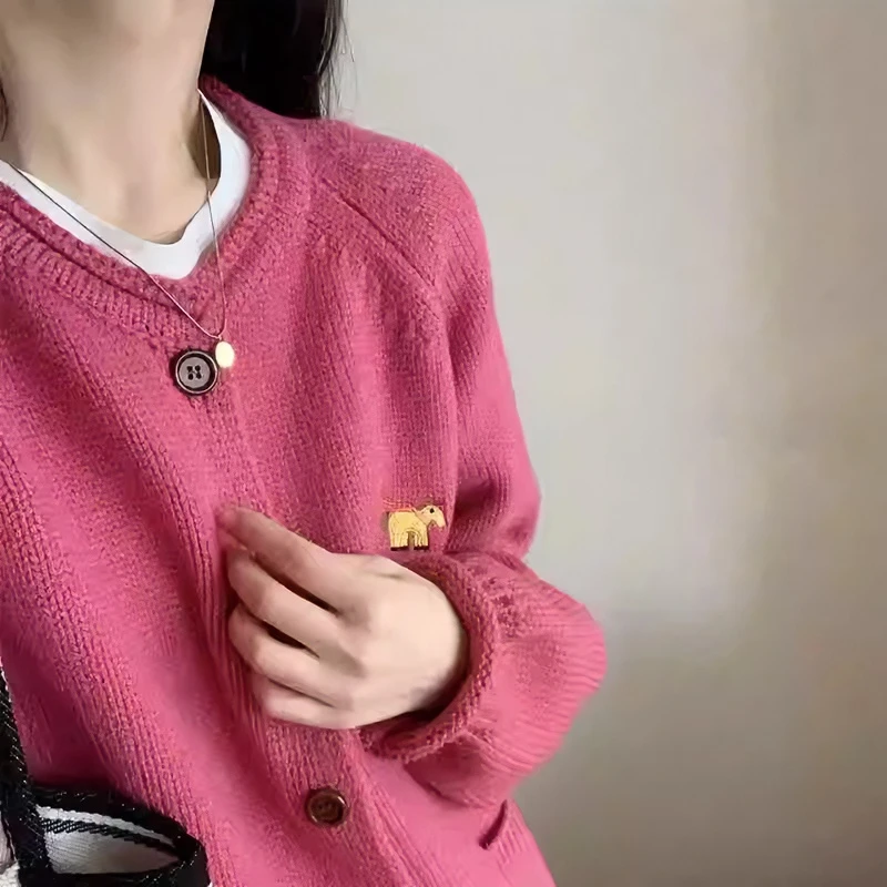 慵懒风刺绣开衫女毛衣女秋冬卷边插肩宽松外穿针织衫设计感外套