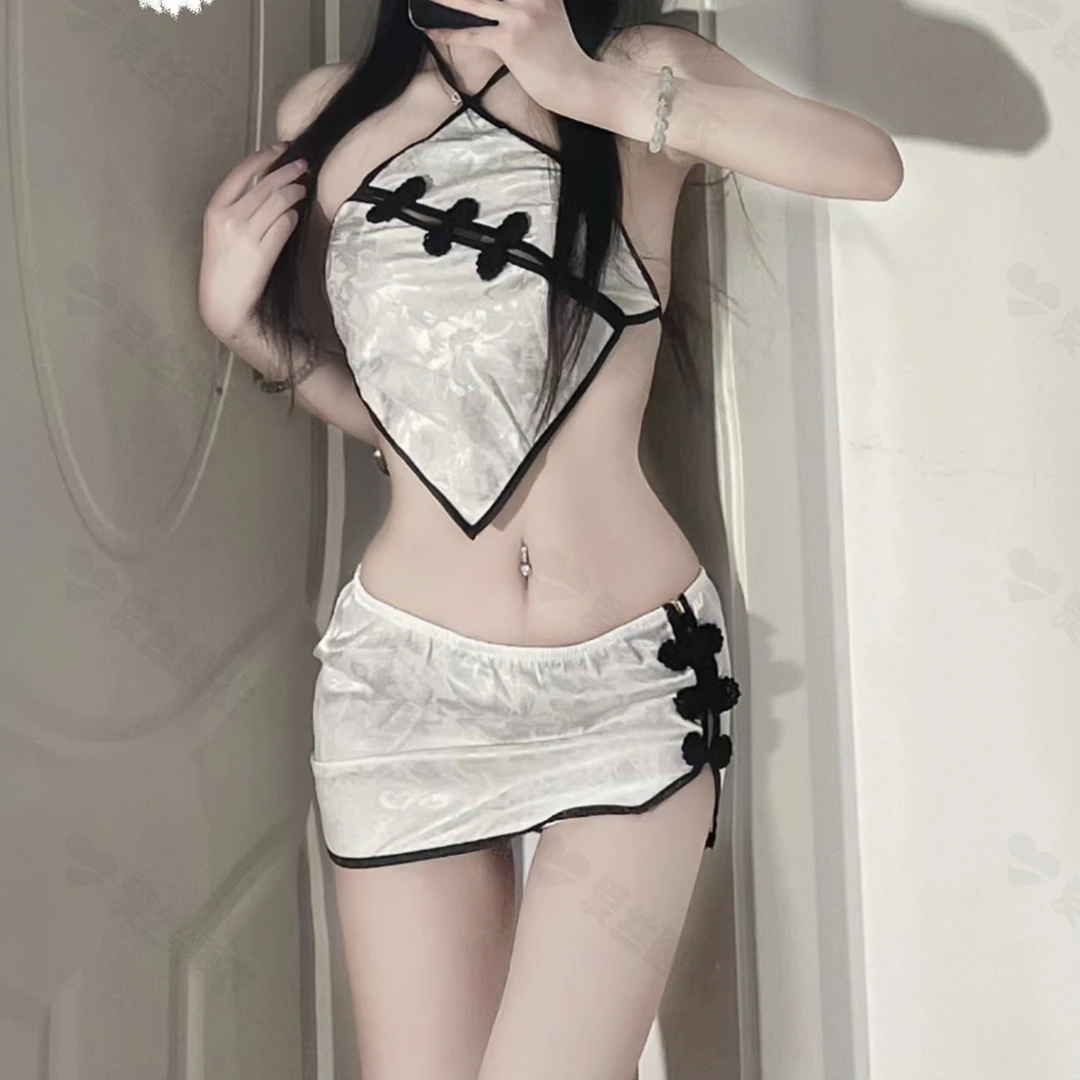 网红爆款肚兜挂脖旗袍火辣露背性感复古盘扣睡衣