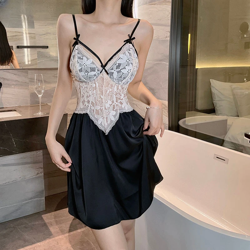 新款缎面拼接蕾丝性感睡裙纯欲家居睡衣深V冰丝气质吊带睡裙气质