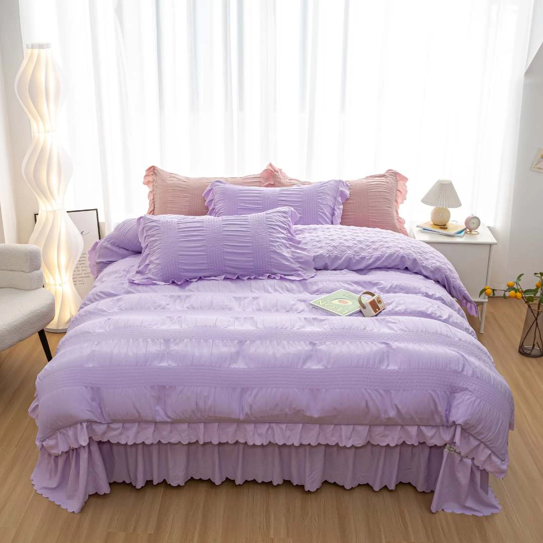 韩版泡泡纱花边款床盖四件套夹棉多功能被套夏被子四季通用