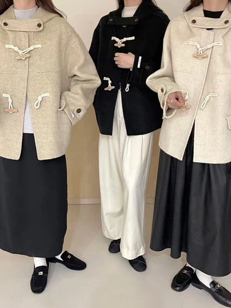 百大红人连帽中长款大衣女秋冬斗篷新款韩版百搭双面呢牛角扣大衣