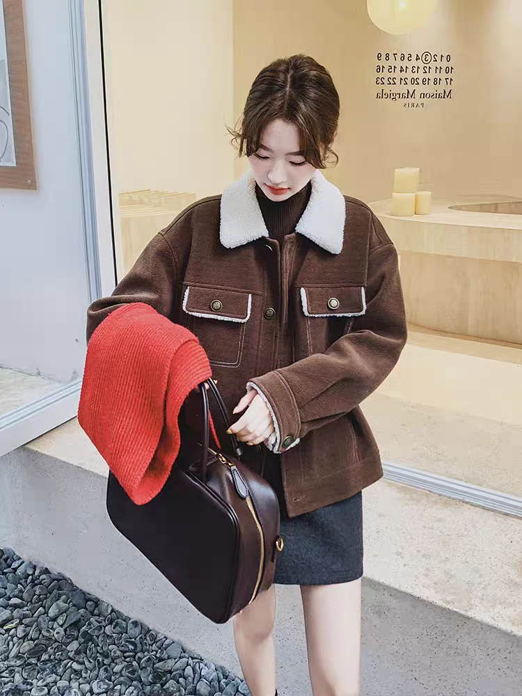深棕美拉德短款翻领短外套2024冬季韩系设计感小个子气质显瘦棉服