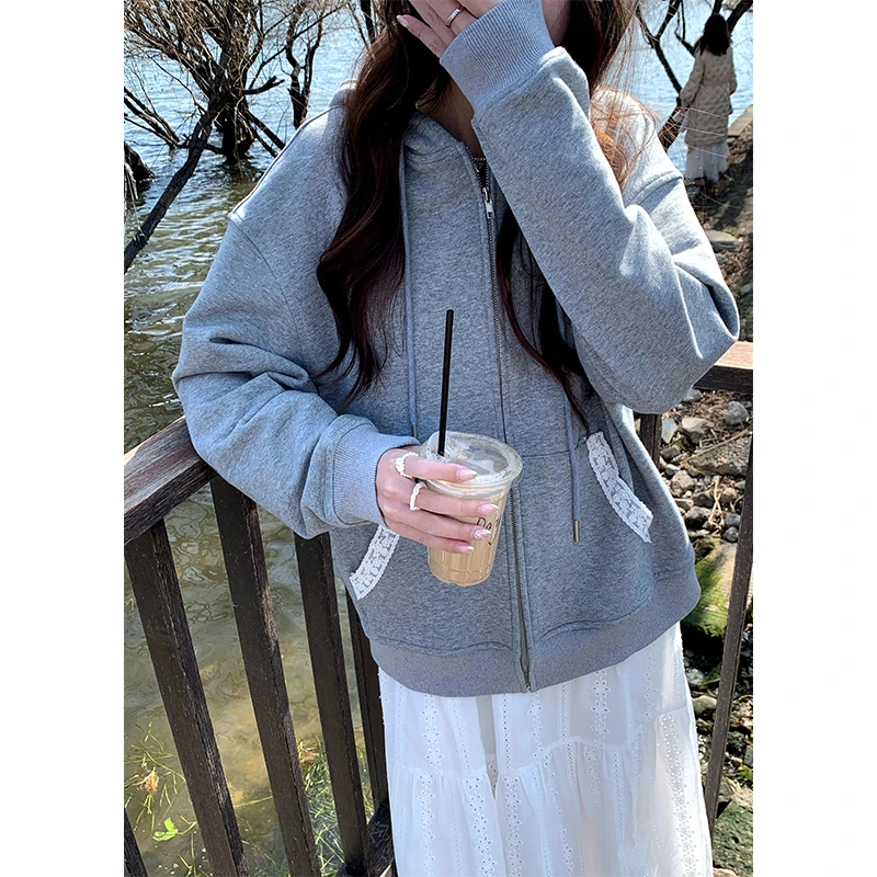 cozydays 蕾丝拼接灰色连帽长袖卫衣女新款宽松百搭外套A0650