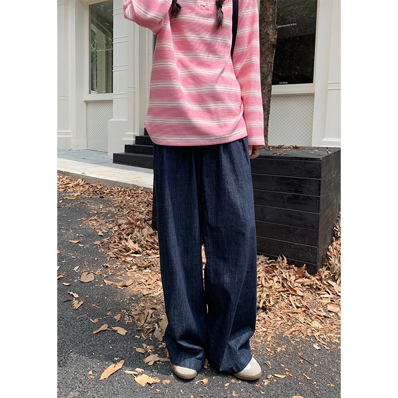 cozydays复古深蓝色直筒牛仔裤女秋季高腰阔腿长裤子B0278