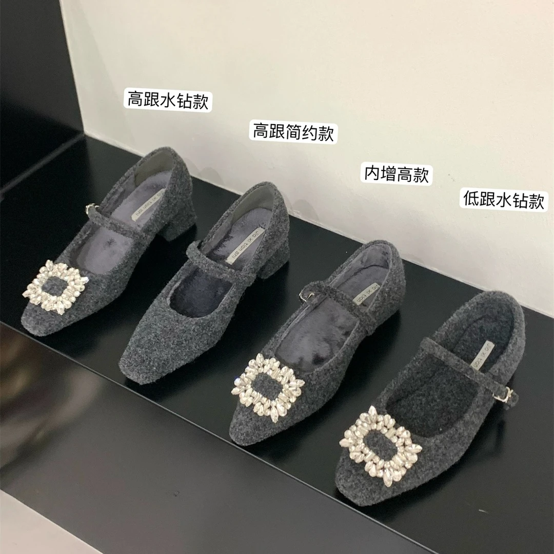 法式高跟灰色方头水钻单鞋女鞋子2024秋冬季加绒晚晚玛丽珍毛毛鞋
