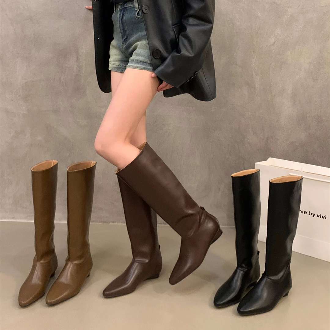 粗跟长筒靴尖头棕色美拉德直筒长靴女鞋2024春秋冬季中筒骑士靴子