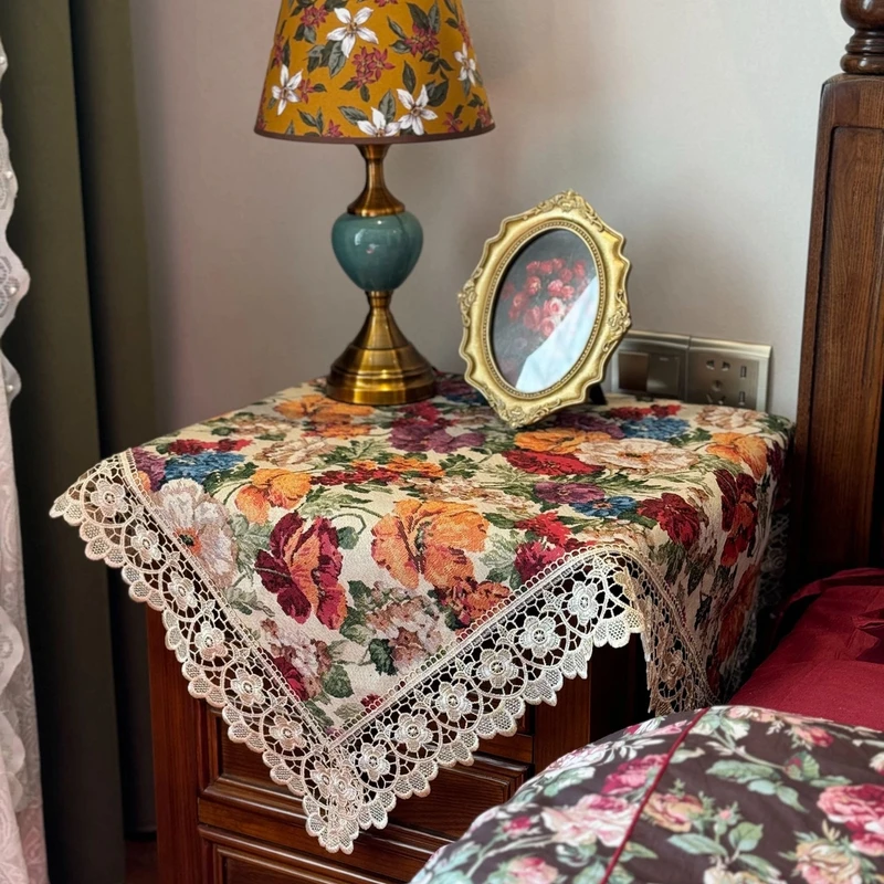 美式复古米色花卉蕾丝边床头柜盖巾几布床头柜万能盖巾边几柜多
