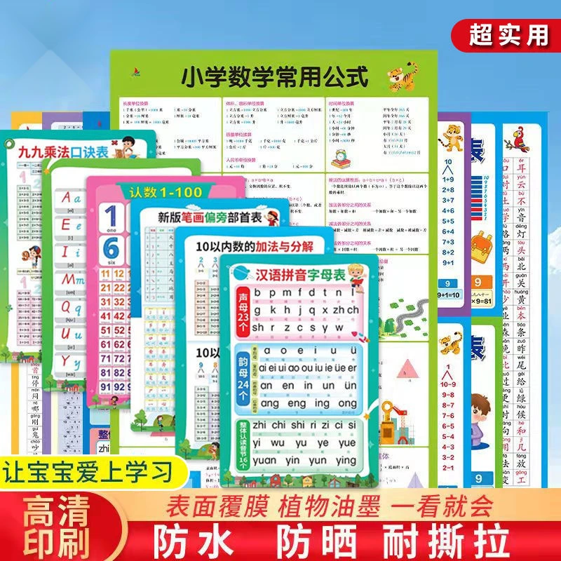 儿童学习早教挂图拼音字母乘除口诀表小学数学常用公式