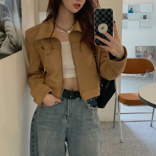 秋季新款百搭港风纯欲气质夹克正肩显瘦外套女小个子麂皮短款上衣