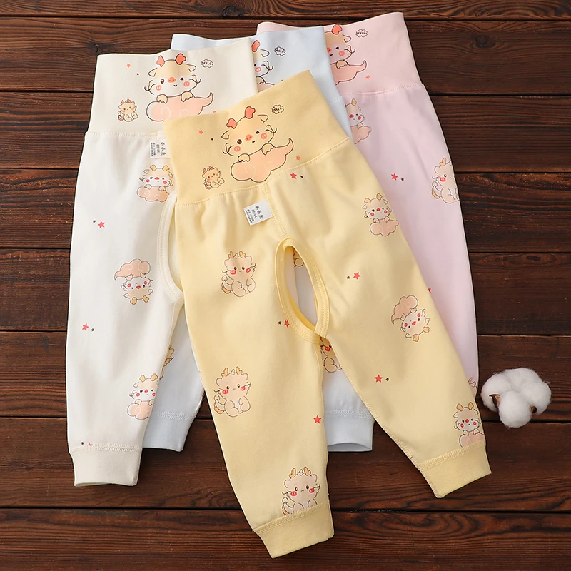 宝宝纯棉高腰裤婴幼儿无骨开裆打底裤新生儿四季款保暖裤螺纹收口