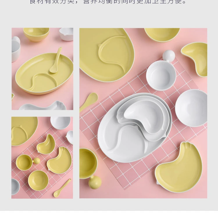波佐见烧进口儿童餐具陶瓷卡通分餐盘白山陶器白色宝宝水杯勺子碗
