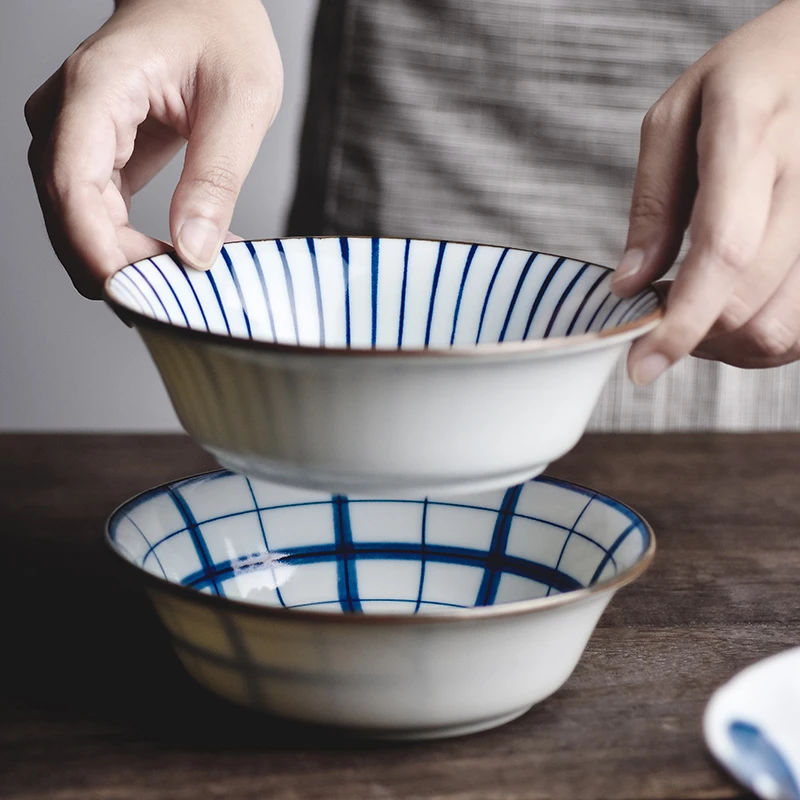 日本进口波佐见烧家用面碗青花瓷饭碗复古大号餐具套装青海波汤碗