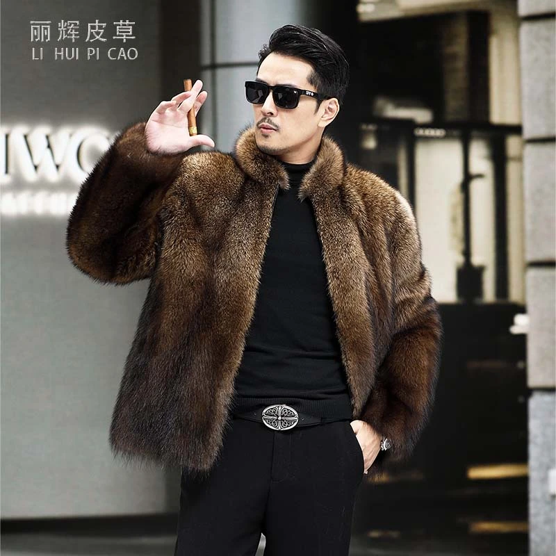 渔貂皮翻领大衣男士外套渔貂常规款休闲夹克冬季皮草渔貂立领冬