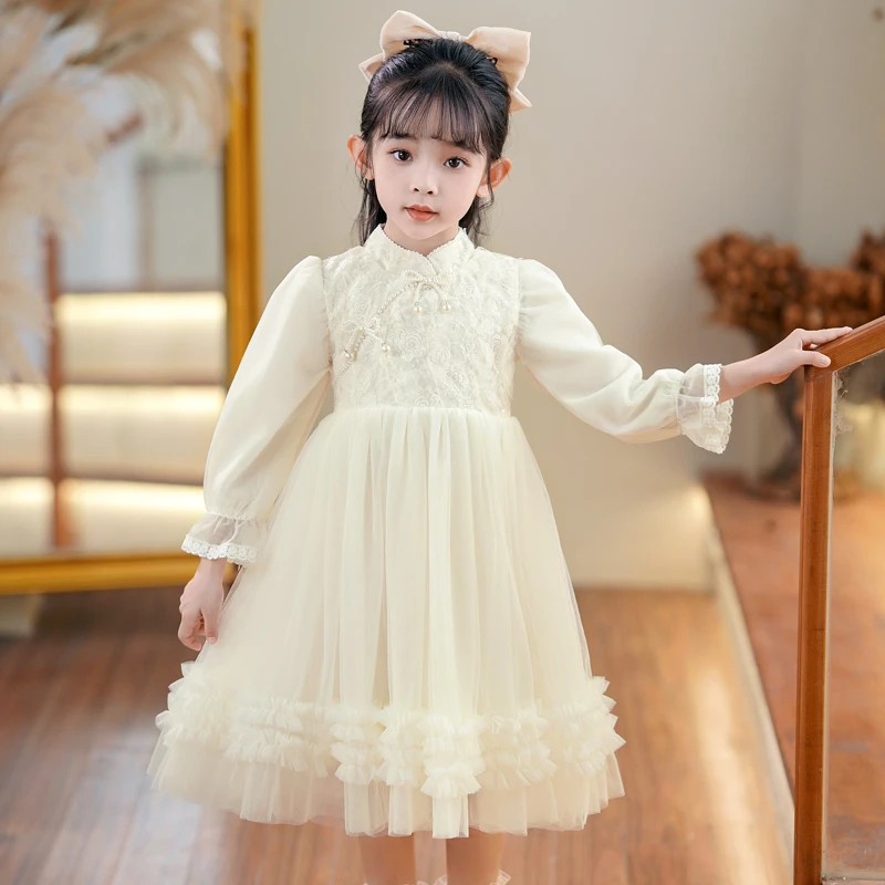女孩秋装旗袍连衣裙儿童新中式国风公主裙加绒婚礼花童小礼服纱裙