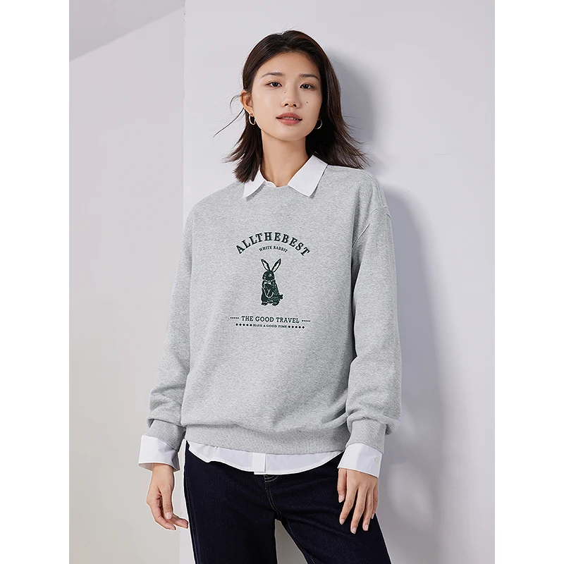 初语时尚休闲趣味印花加绒卫衣女士秋季百搭基本款圆领小个子上衣