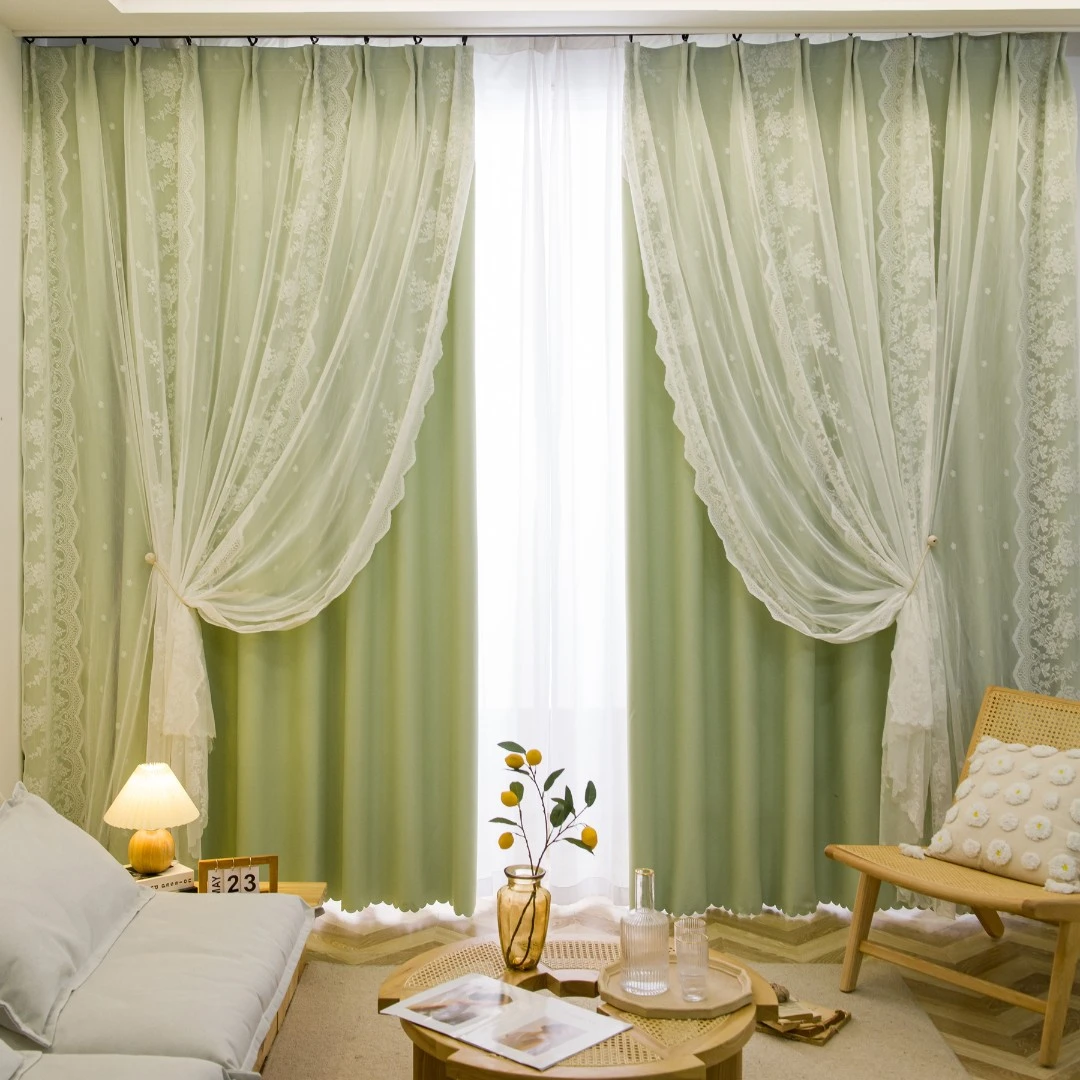 蕾丝窗帘法式轻奢美式复古ins风奶油系双层遮光窗帘客厅卧室纱帘