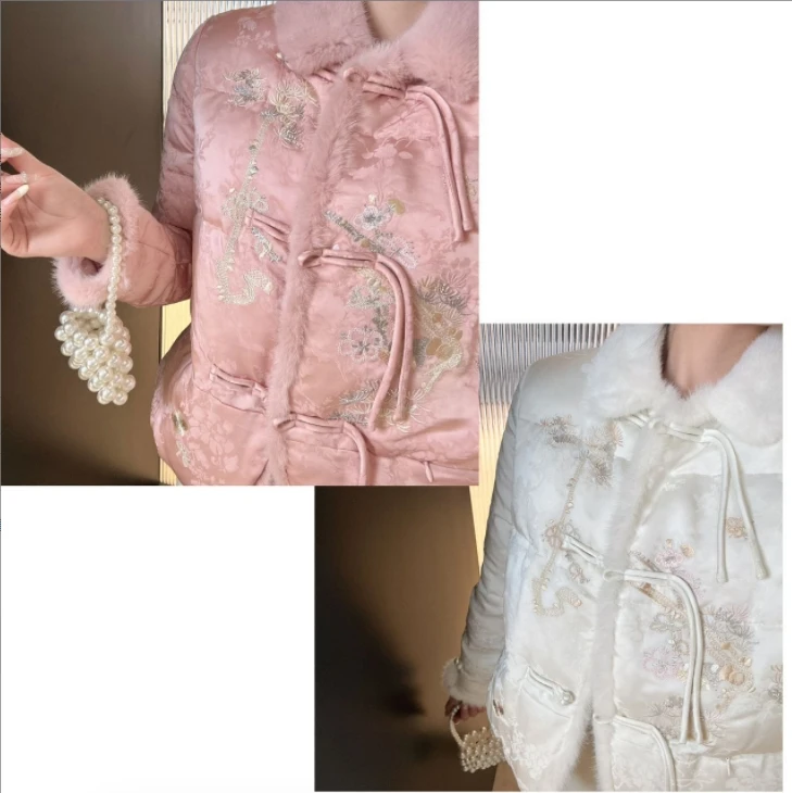 HX367 新中式毛毛翻领国风刺绣羽绒外套