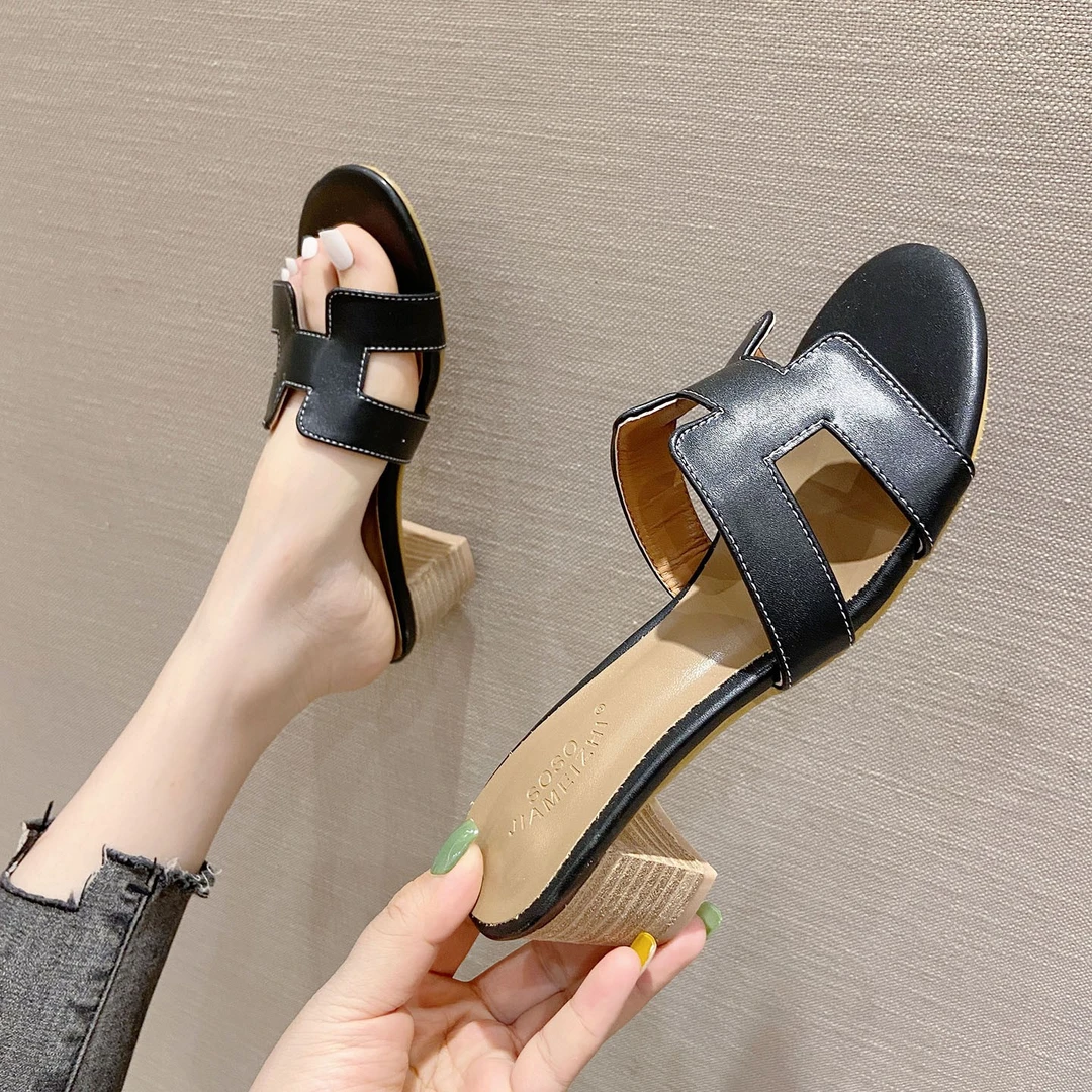羊纹~高跟拖鞋2025新款女夏时尚外穿粗跟一字中跟真皮小码凉拖鞋