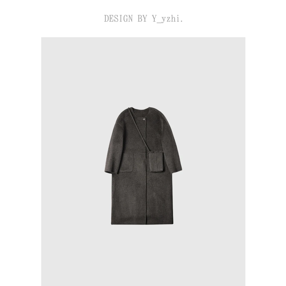 Y_yzhi 拉赫｜羊毛双面呢长款大衣休闲圆领羊毛外套