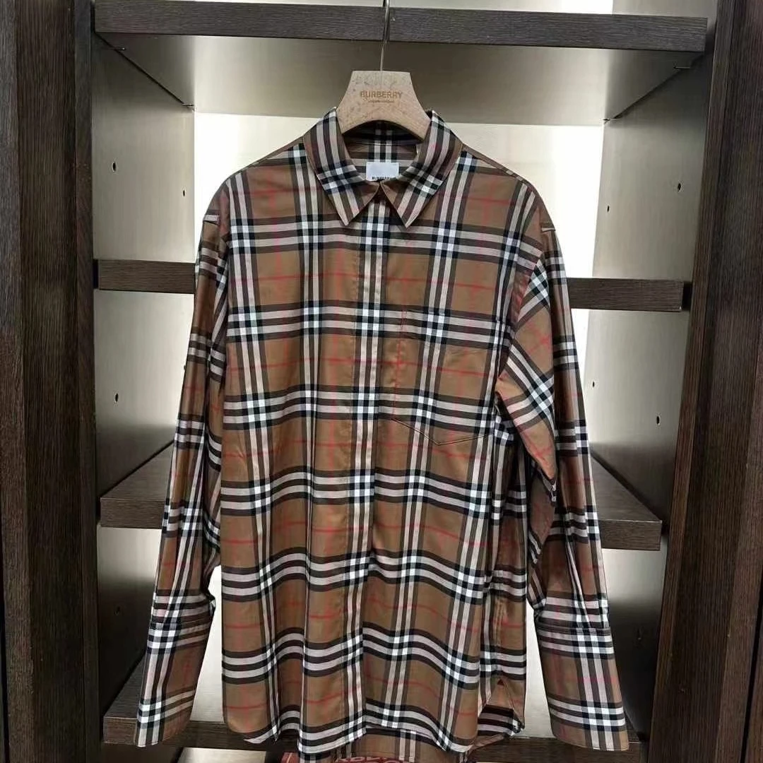 BURBERRY/博柏利SS24 格纹满印翻领单排扣长袖衬衫 女款 棕色1