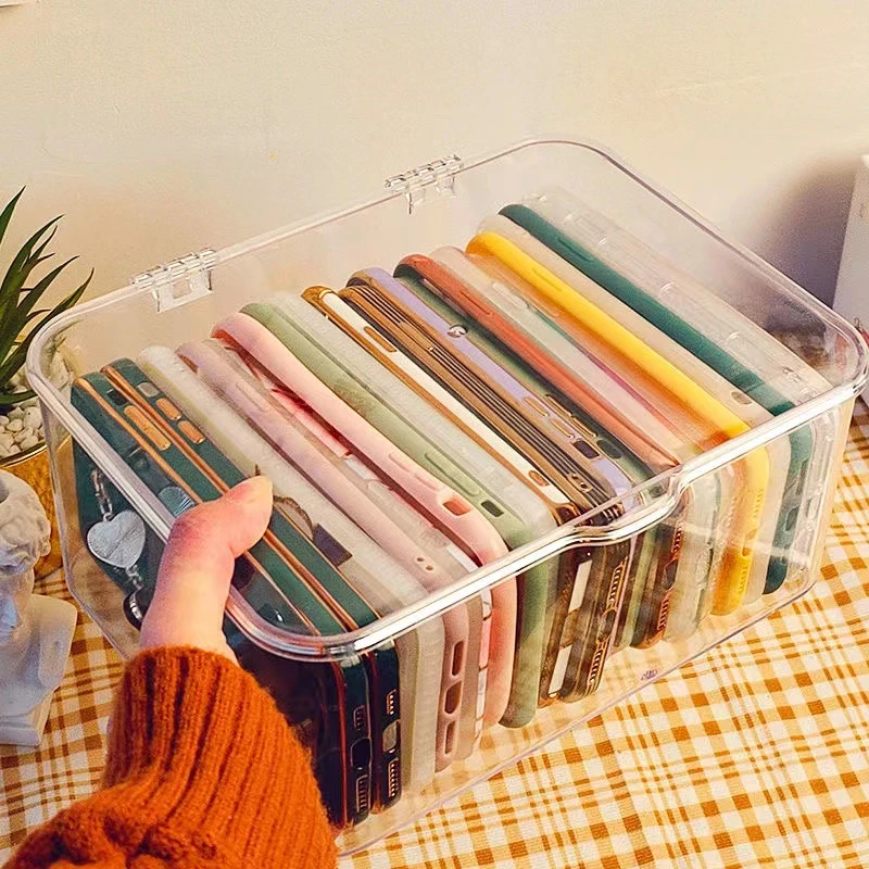 手机壳防尘收纳盒有盖透明带盖盒明信片面膜收纳ins风翻盖收纳盒