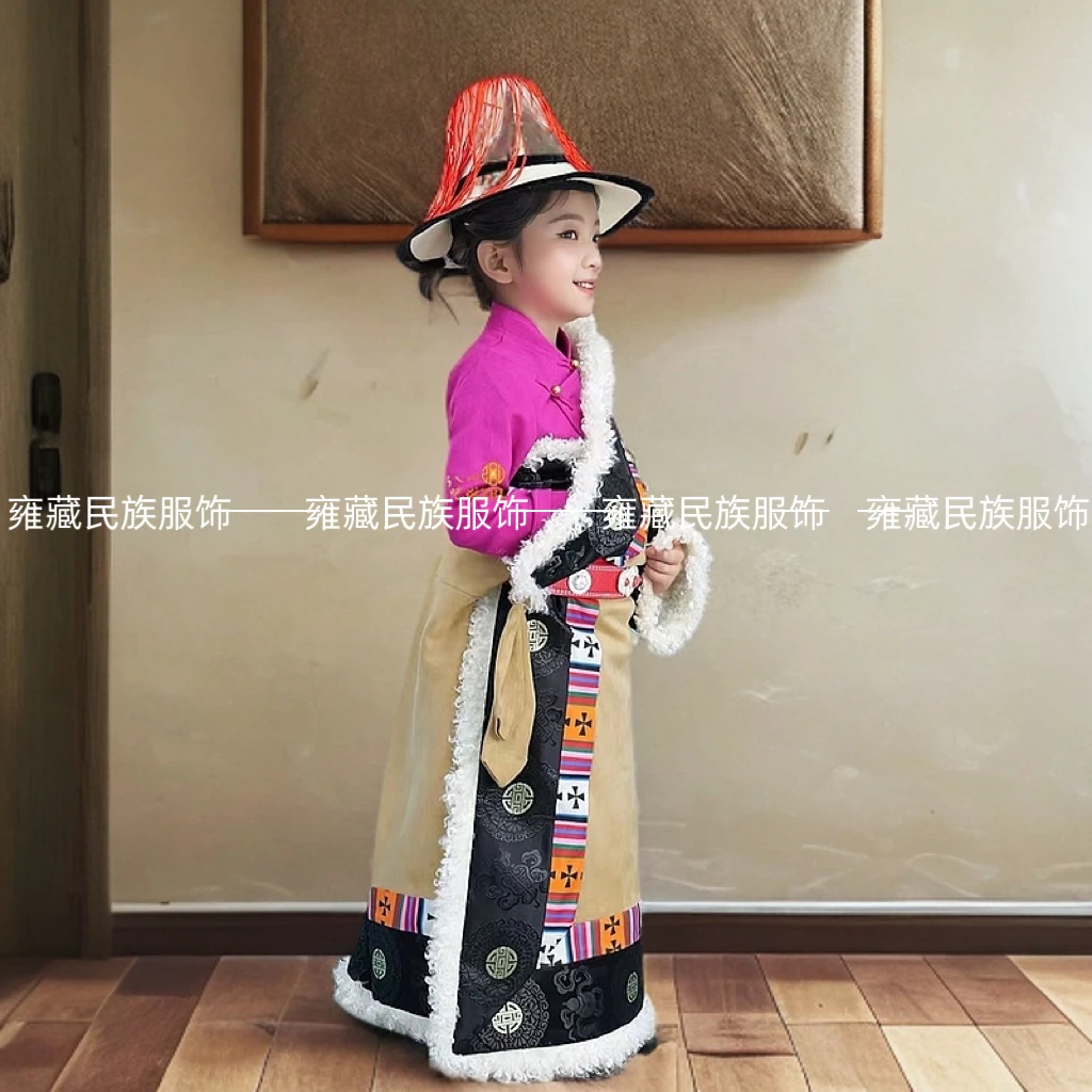 民族风男女孩加绒便服冬季藏族舞蹈服日常藏式长款藏服御寒藏袍