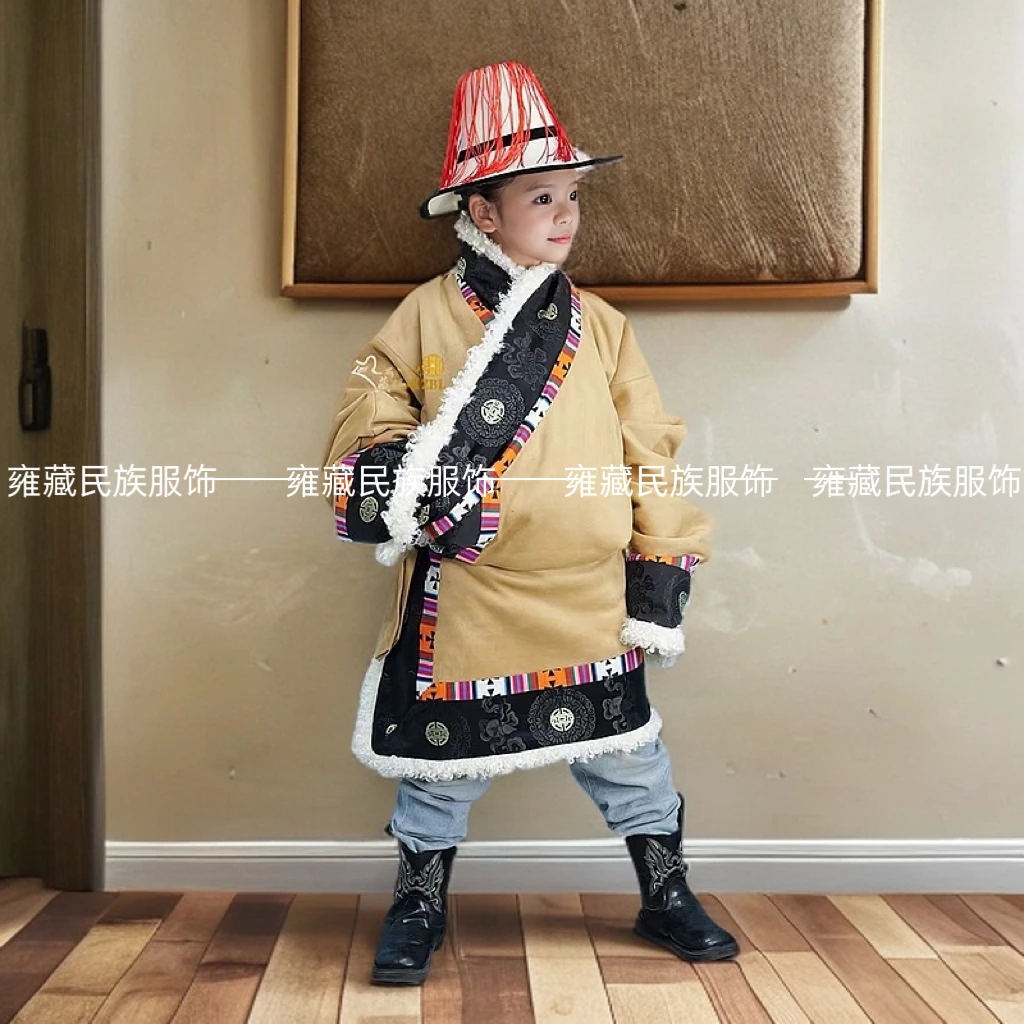 民族风男女孩加绒便服冬季藏族舞蹈服日常藏式长款藏服御寒藏袍