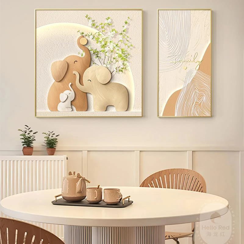 奶油风高级餐厅装饰画大象绿植厨房饭厅高级二联画餐桌晶瓷装饰画
